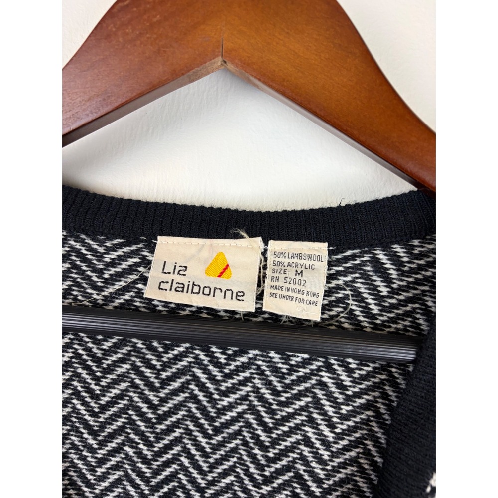 Liz Claiborne Cardigan M Black White Herringbone Cropped Wool Blend Vintage 80s - Picture 3 of 4
